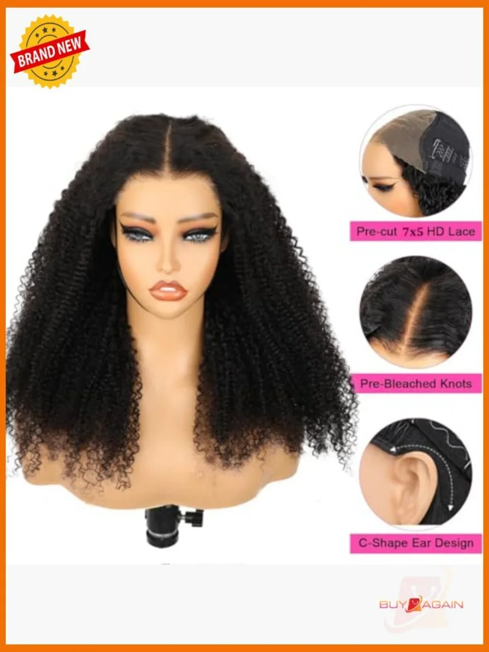 Glueless Wig Kinky Curly Lace Front Human Hair 7x5 HD Lace Pre Cut 20 Inch